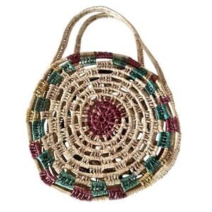 Vintage Coiled Woven Basket Rattan colorful farmers market bag tote vegetable